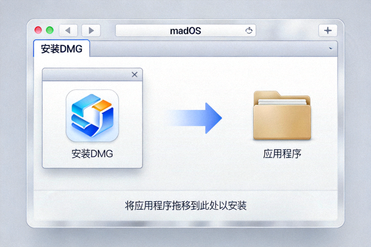 macOS系统上打开DMG文件后的安装界面截图，显示拖拽应用到应用程序文件夹的示意图