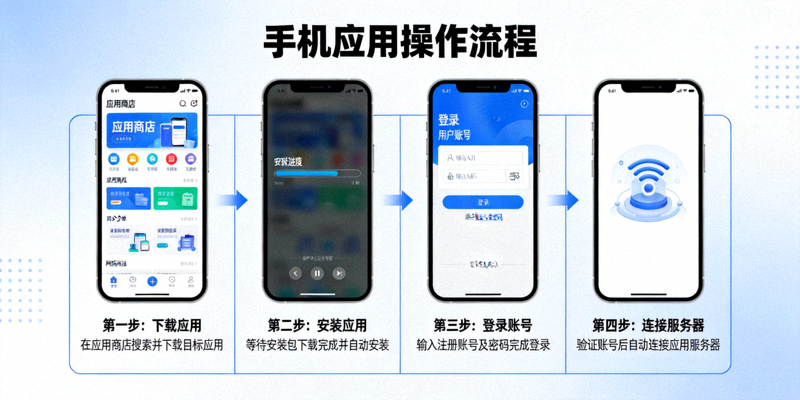 手机应用操作流程图展示从下载、安装、登录到连接服务器的完整步骤