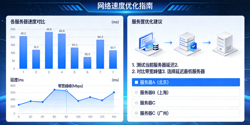 网络速度测试图表与服务器优化建议界面，展示如何选择最佳服务器以获得最快速度