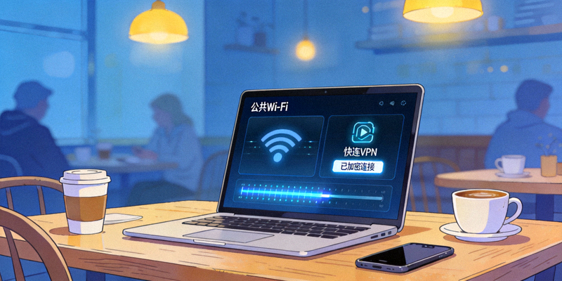 在咖啡馆使用公共Wi-Fi时，通过快连VPN加密连接保护笔记本电脑数据传输安全的场景